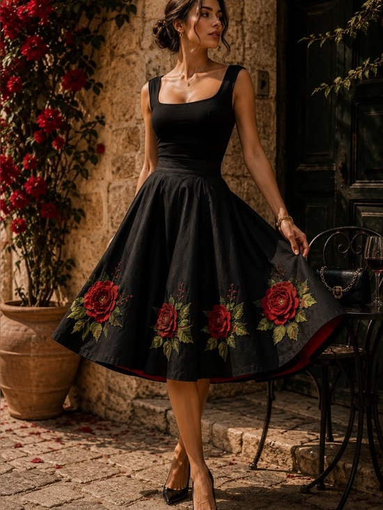 Persaman New York Dresses & Skirts - Persaman NY Black Rose Appliqué A-Line Skirt Red Lining Romantic Statement Sz 8